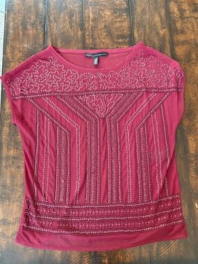 White House Black Market Sheer Beaded Sleeveless Top in Cranberry Red, XXS